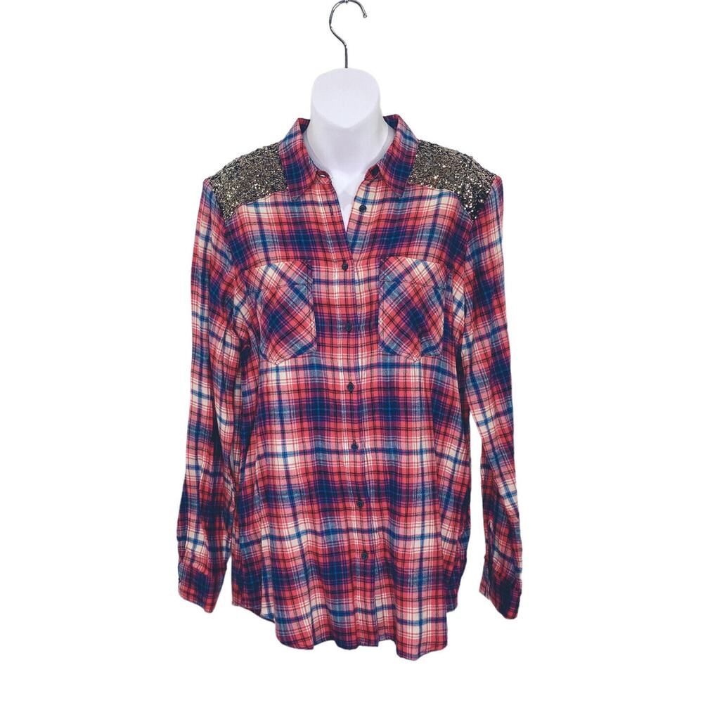 Express Boyfriend Womens Sz M Plaid Shirt Red/Blue Sequin Shoulder Long Sleeved‎